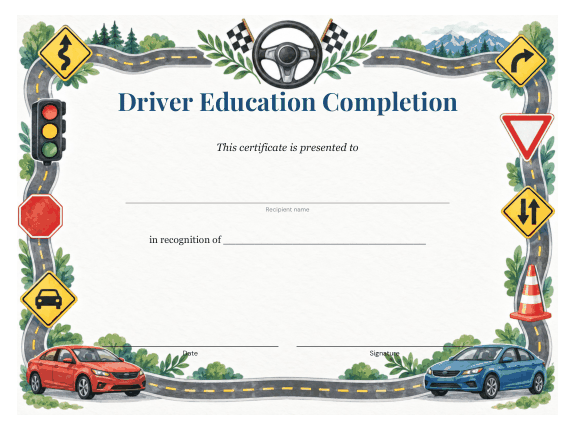 Preview of Driver Education Completion Certificate