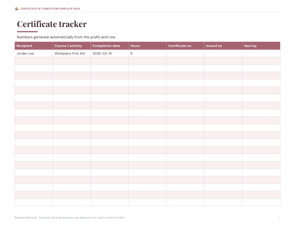 Preview of Printable Certificate Tracker