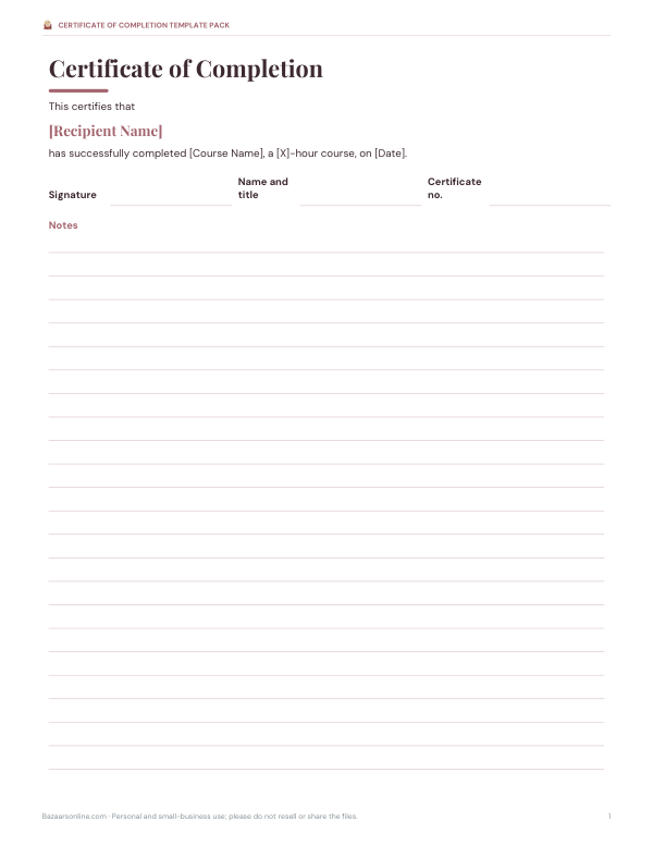 Preview of Certificate of Completion Template