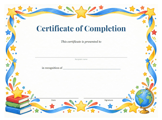 Preview of Printable Certificate of Completion for Kids