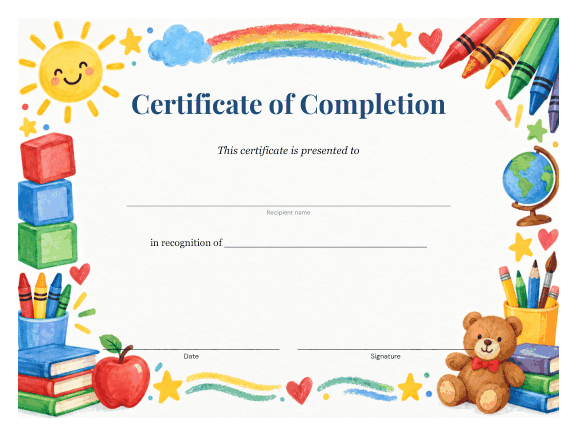 Preview of Printable Certificate of Completion for Preschool